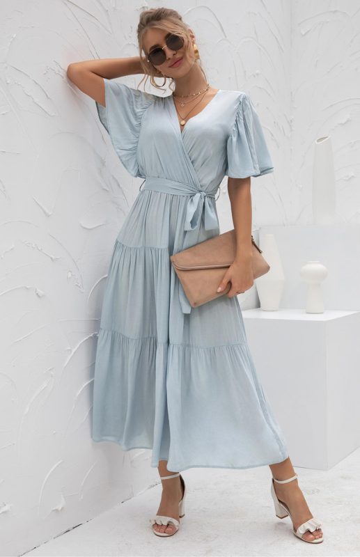 V-Neck Tiered Short Sleeve Midi Dress – Lightweight Boho Style