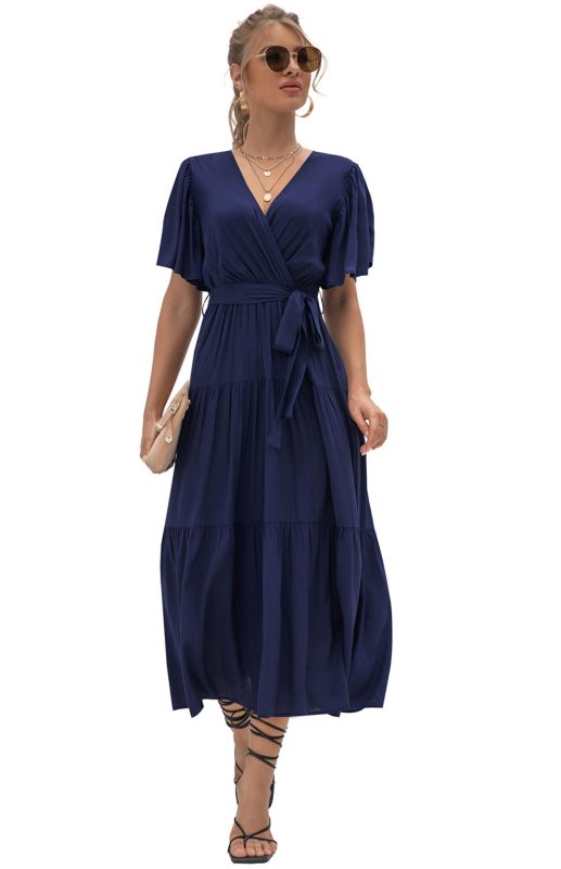 V-Neck Tiered Short Sleeve Midi Dress – Lightweight Boho Style