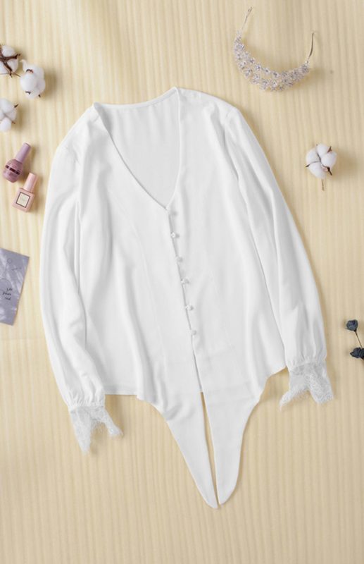 Women's V-Neck Lace Patchwork Solid Color Tie Loose Long Sleeve Chiffon Shirt