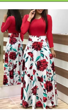 Retro-Colorblock-Maxikleid für Damen – Digitaler Blumendruck und Rundhalsausschnitt