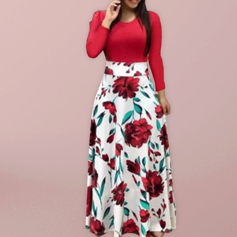 Retro-Colorblock-Maxikleid für Damen – Digitaler Blumendruck und Rundhalsausschnitt