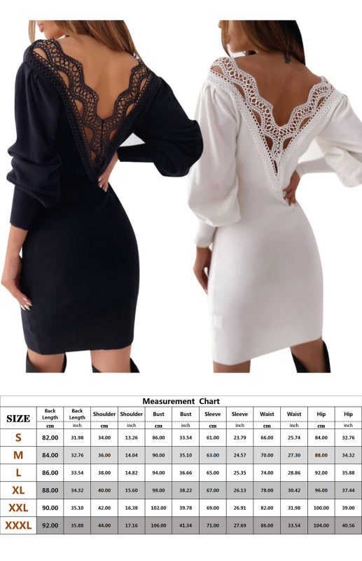 Backless Lace V-Neck Puff Sleeve Midi Dress – Elegant Spring Summer Style