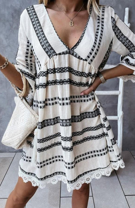 V-Neck Geometric Lace Dress with Flare Sleeves – Lightweight Boho Style