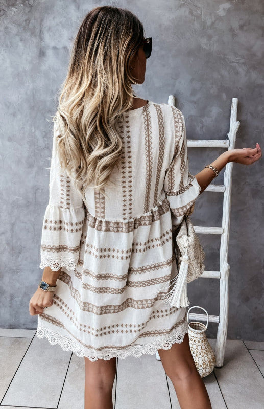 V-Neck Geometric Lace Dress with Flare Sleeves – Lightweight Boho Style