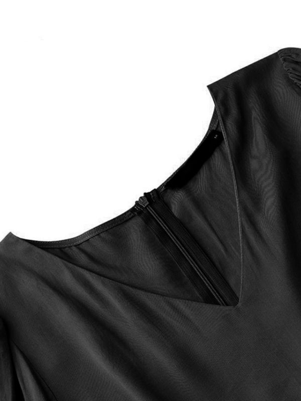 Elegant Puff Sleeve Swing Dress – Lightweight Polyester for Spring-Summer