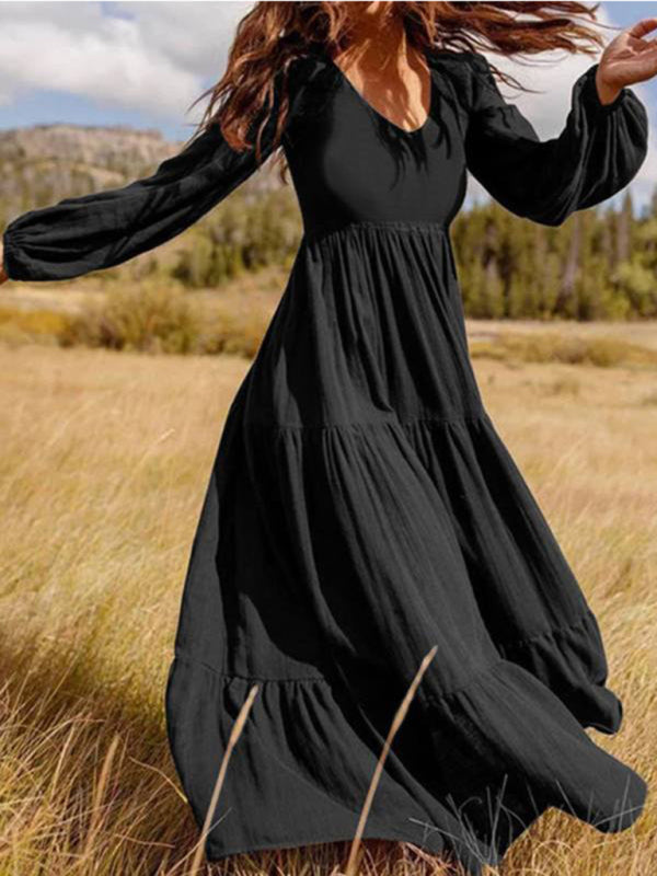 Elegant Puff Sleeve Swing Dress – Lightweight Polyester for Spring-Summer