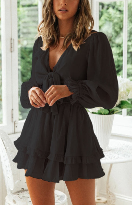 Deep V Ruffle Knot Short Dress – Long Sleeve, Woven Polyester, Flowy Fit