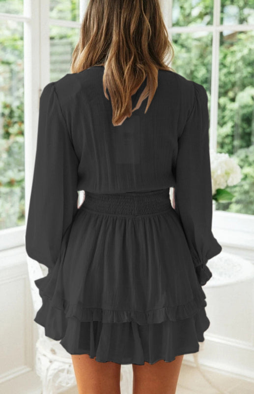 Deep V Ruffle Knot Short Dress – Long Sleeve, Woven Polyester, Flowy Fit