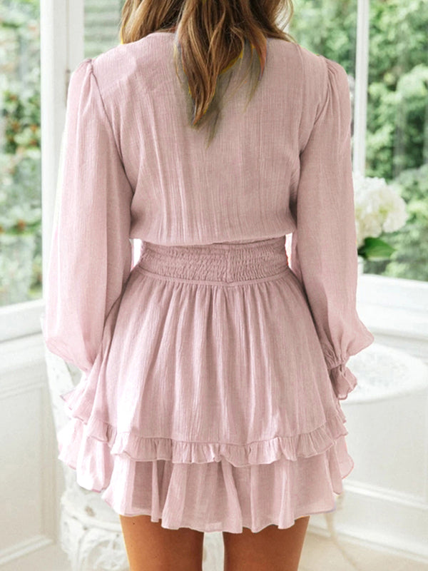 Deep V Ruffle Knot Short Dress – Long Sleeve, Woven Polyester, Flowy Fit