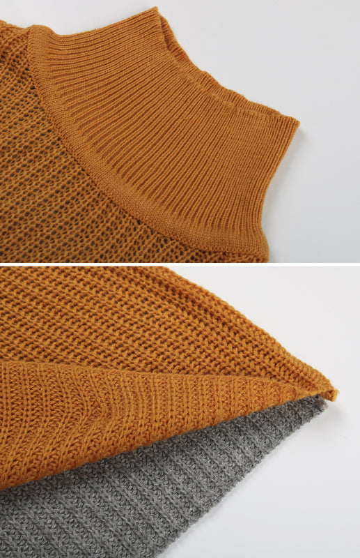 Contrast Stitch Turtleneck Sweater Dress – Long Sleeve Knit Retro Fit