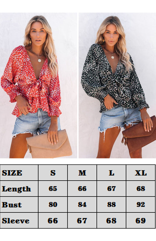 Floral V-Neck Tie Waist Boho Blouse