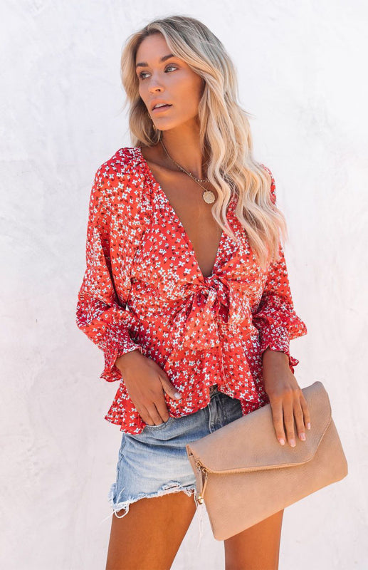 Floral V-Neck Tie Waist Boho Blouse