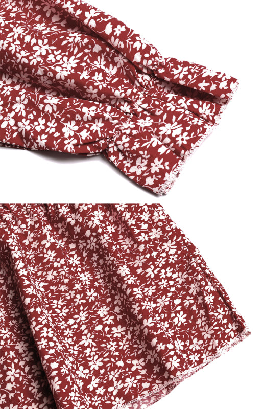 Boho Floral Square Neck Ruffle Dress – Long Sleeve Midi in Wine Red