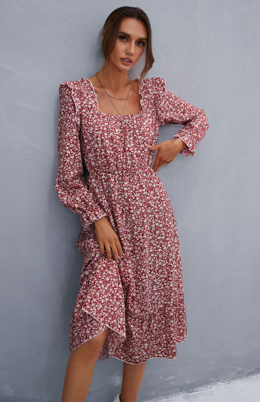 Boho Floral Square Neck Ruffle Dress – Long Sleeve Midi in Wine Red