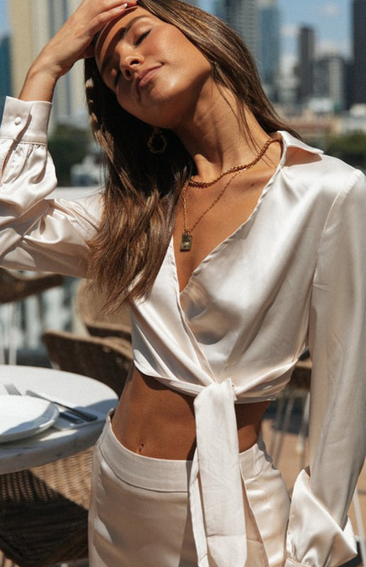 Elegant Satin Wrap Dress with Long Sleeves – Retro Spring-Summer Style
