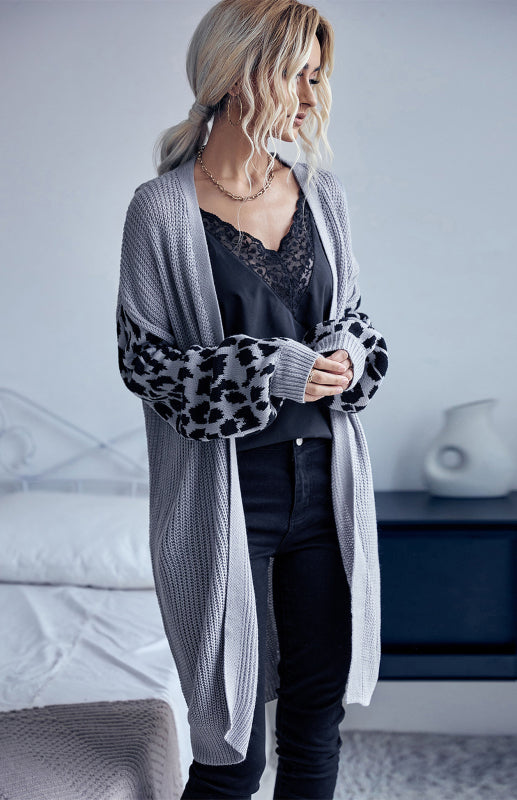 Leopard Knit Open Front Cardigan for Women Grey