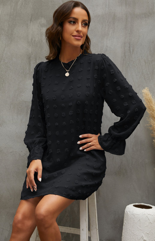 Textured Woven Shift Dress for Women – Long Sleeve, No-Stretch Solid Design