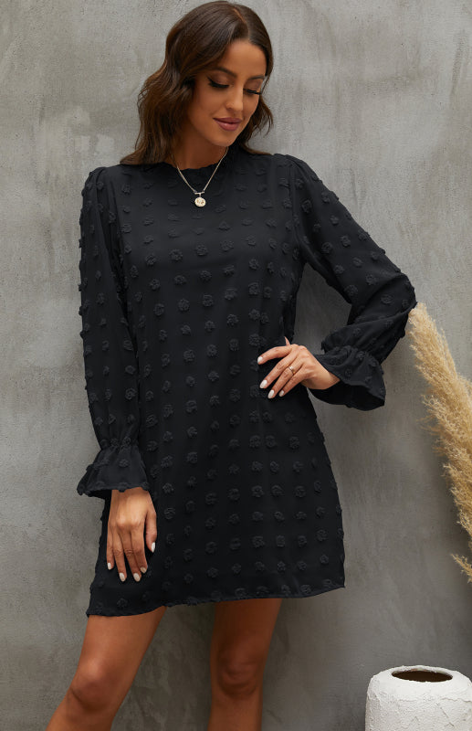 Textured Woven Shift Dress for Women – Long Sleeve, No-Stretch Solid Design