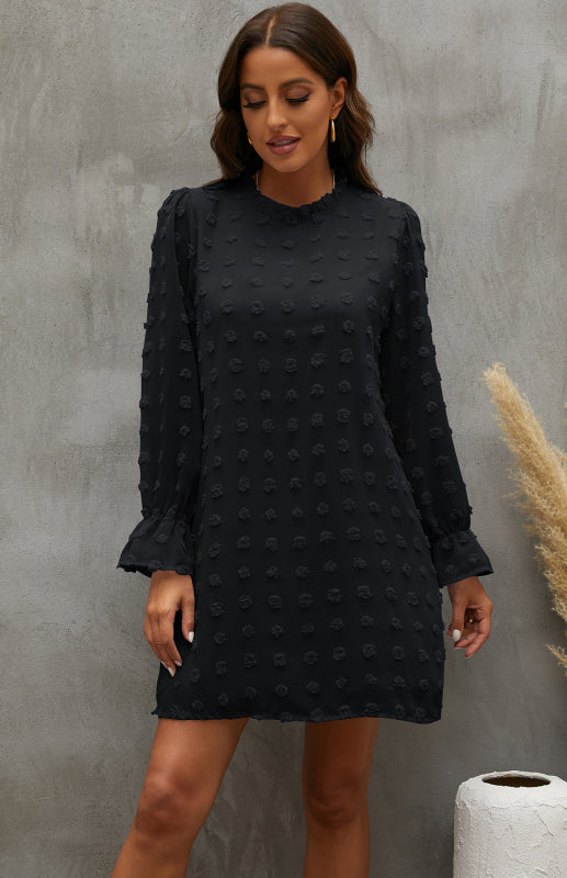 Textured Woven Shift Dress for Women – Long Sleeve, No-Stretch Solid Design