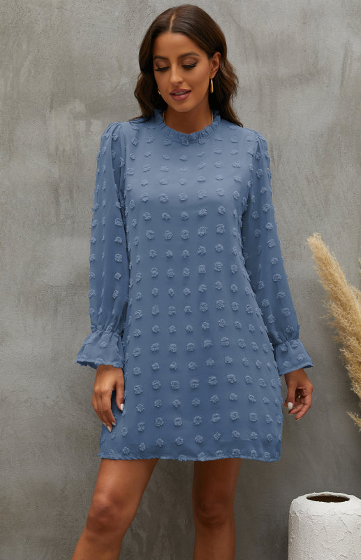 Textured Woven Shift Dress for Women – Long Sleeve, No-Stretch Solid Design