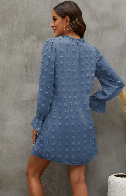 Textured Woven Shift Dress for Women – Long Sleeve, No-Stretch Solid Design