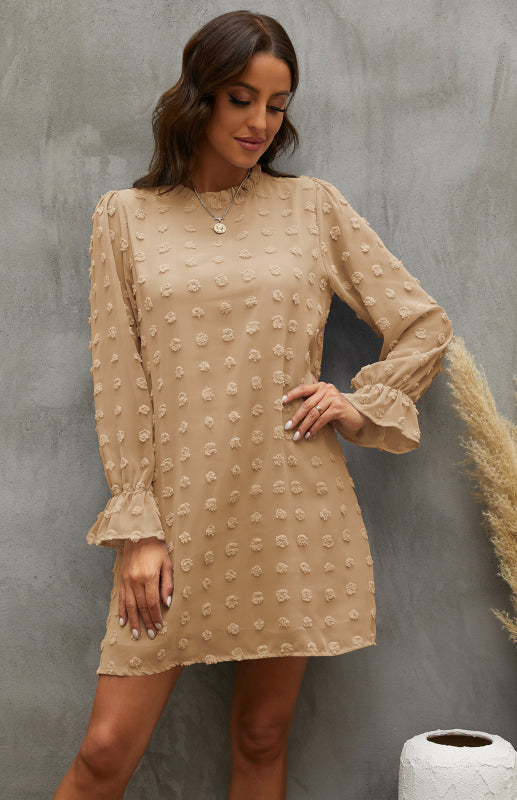 Textured Woven Shift Dress for Women – Long Sleeve, No-Stretch Solid Design