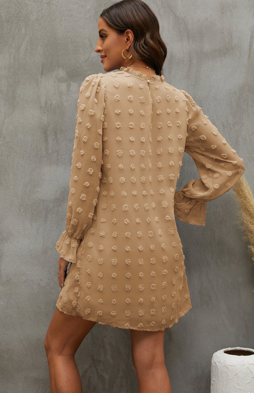 Textured Woven Shift Dress for Women – Long Sleeve, No-Stretch Solid Design