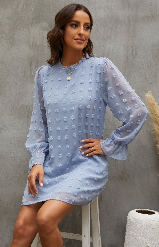 Textured Woven Shift Dress for Women – Long Sleeve, No-Stretch Solid Design