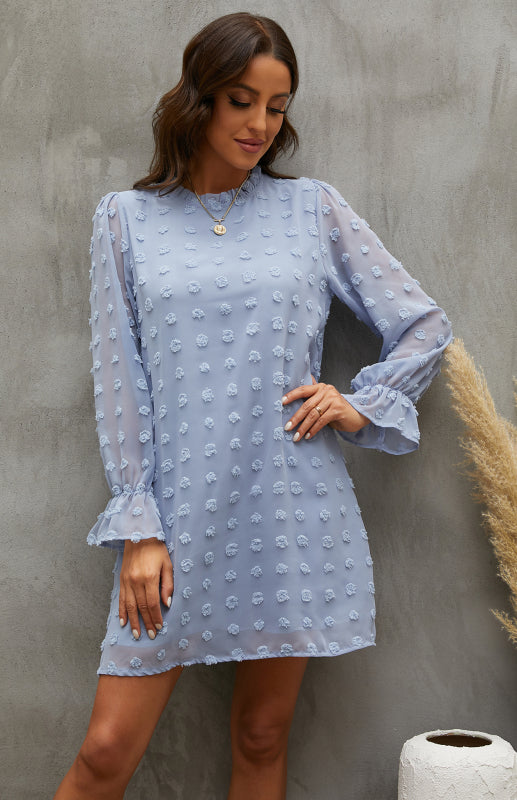 Textured Woven Shift Dress for Women – Long Sleeve, No-Stretch Solid Design
