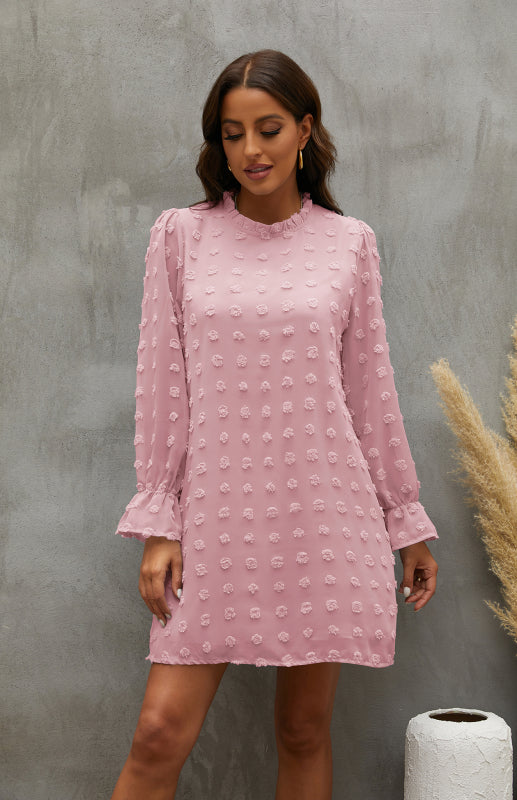 Textured Woven Shift Dress for Women – Long Sleeve, No-Stretch Solid Design