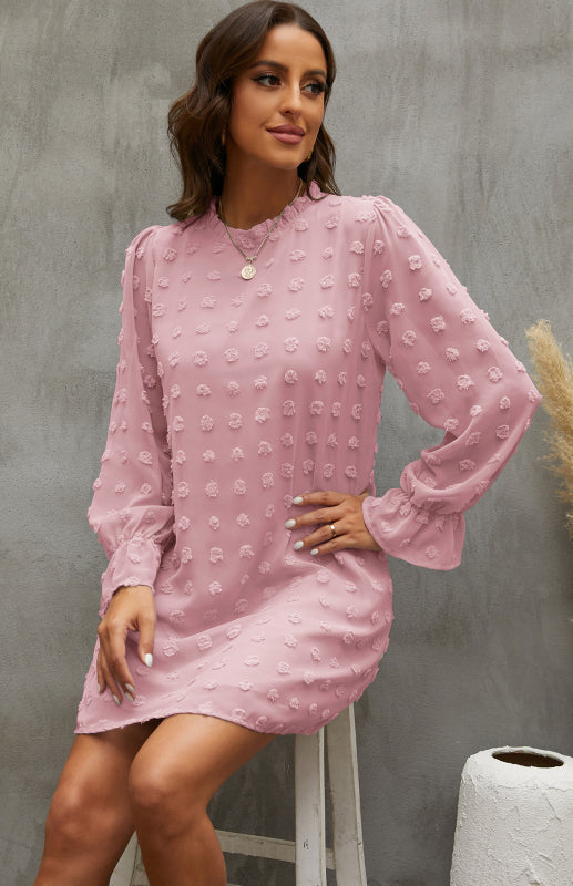 Textured Woven Shift Dress for Women – Long Sleeve, No-Stretch Solid Design