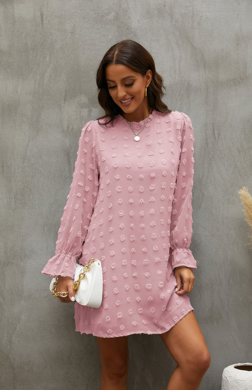 Textured Woven Shift Dress for Women – Long Sleeve, No-Stretch Solid Design