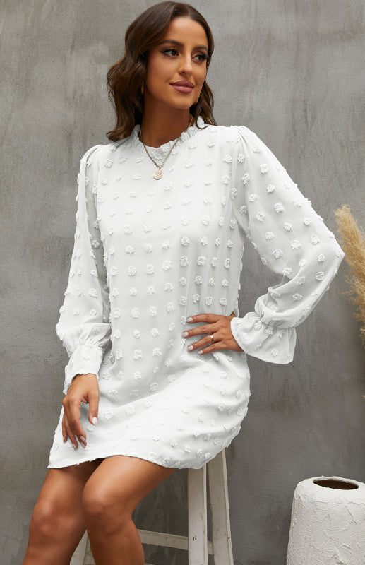 Textured Woven Shift Dress for Women – Long Sleeve, No-Stretch Solid Design