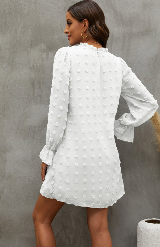 Textured Woven Shift Dress for Women – Long Sleeve, No-Stretch Solid Design