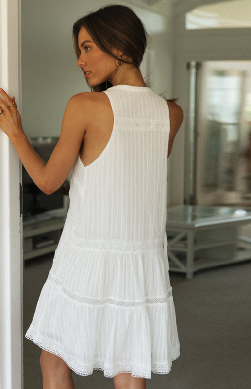 Romantic Cotton Sleeveless Vacation Dress – Round Neck, Knit, Lightweight