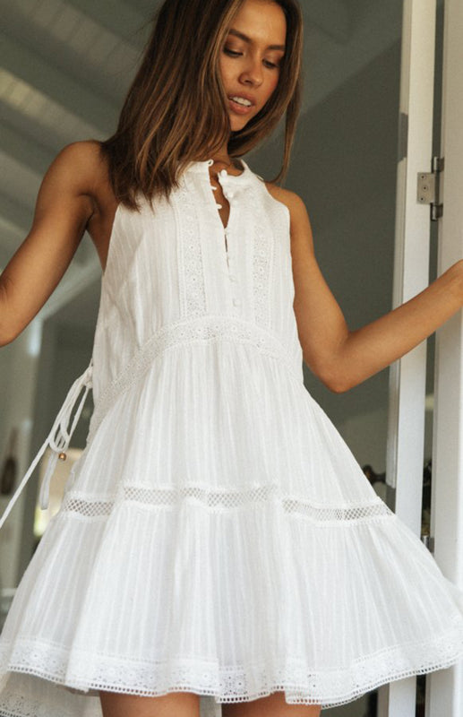 Romantic Cotton Sleeveless Vacation Dress – Round Neck, Knit, Lightweight