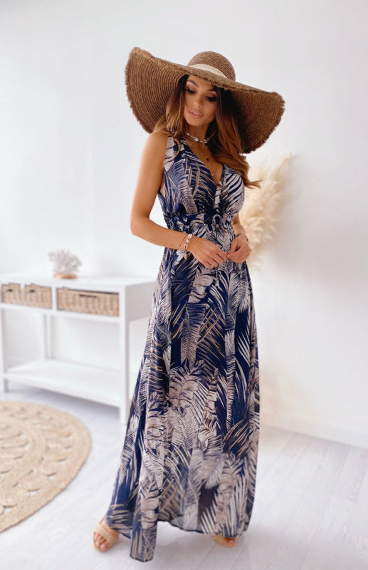 Women's Boho Leaf Print V-Neck Maxi Dress