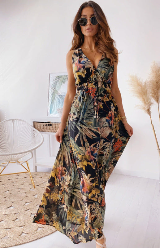 Women's Boho Leaf Print V-Neck Maxi Dress