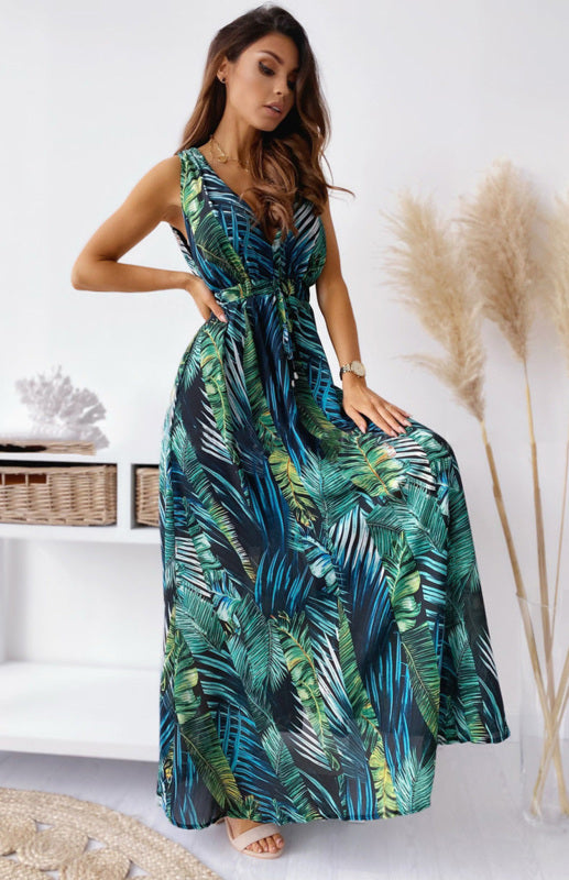 Women's Boho Leaf Print V-Neck Maxi Dress