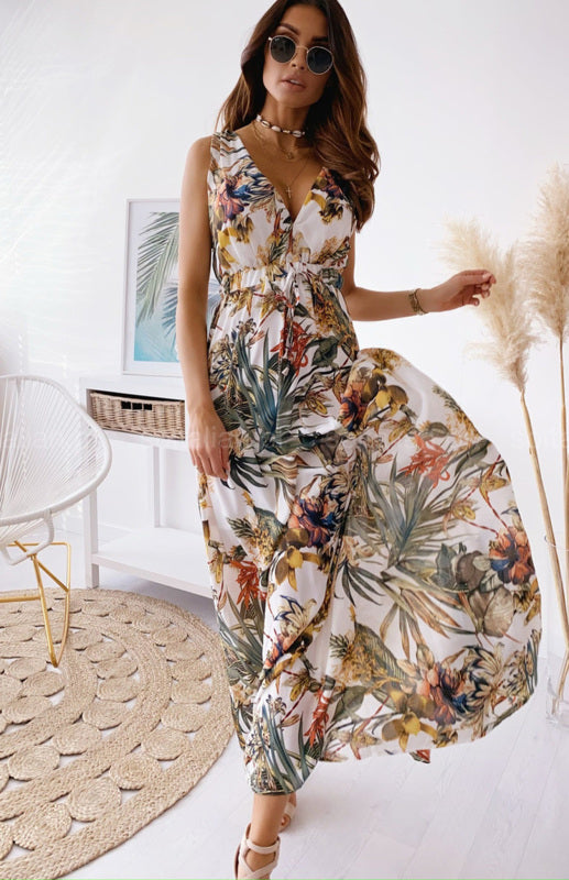 Women's Boho Leaf Print V-Neck Maxi Dress