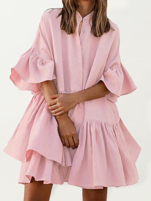 Elegant Ruffle Sleeve Chiffon Dress – Standing Neck, Spring-Summer Style