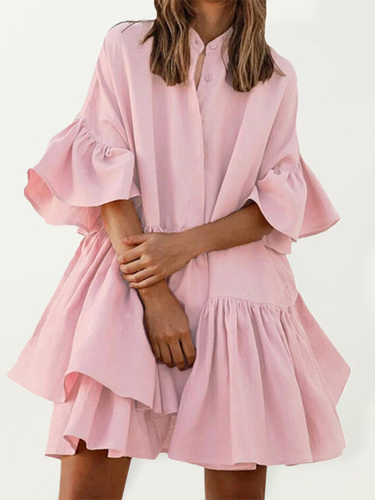 Elegant Ruffle Sleeve Chiffon Dress – Standing Neck, Spring-Summer Style