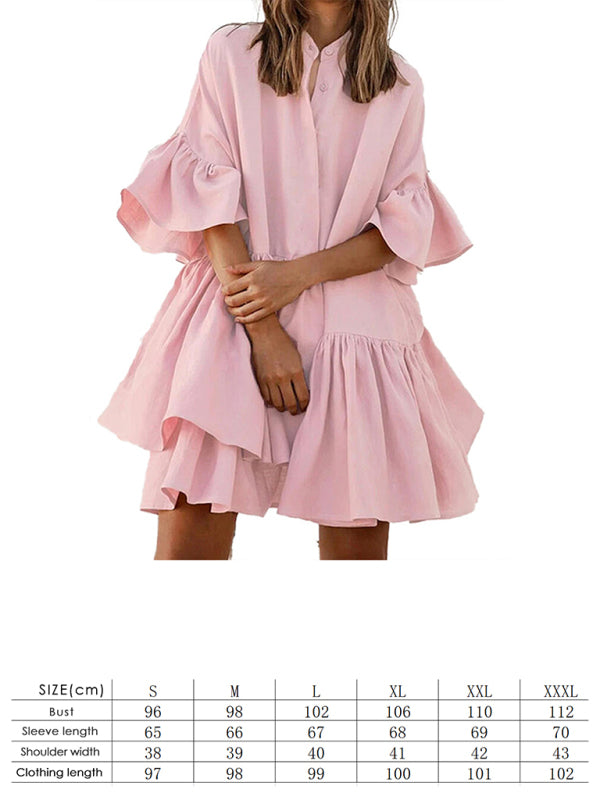 Elegant Ruffle Sleeve Chiffon Dress – Standing Neck, Spring-Summer Style