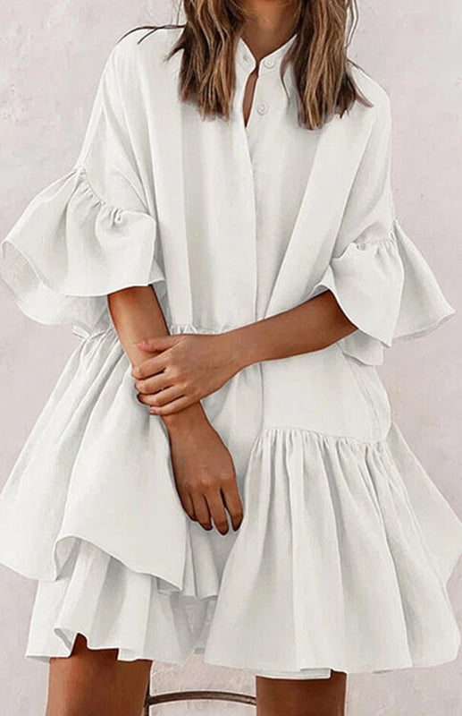 Elegant Ruffle Sleeve Chiffon Dress – Standing Neck, Spring-Summer Style