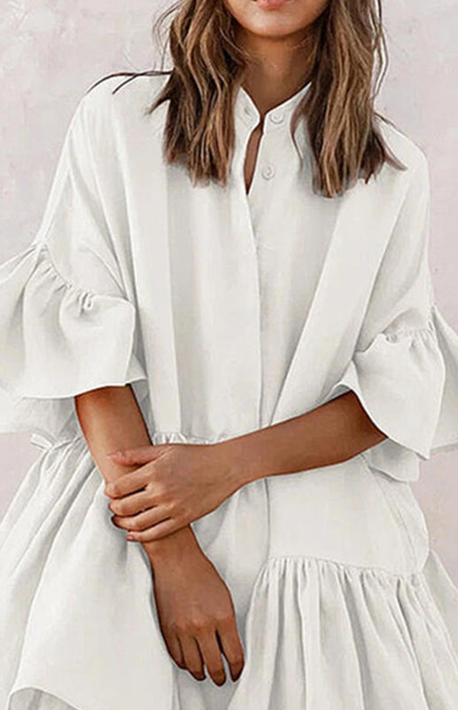 Elegant Ruffle Sleeve Chiffon Dress – Standing Neck, Spring-Summer Style
