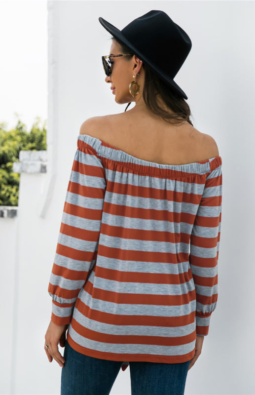 Striped Blouse With One-Shoulder Button Decoration And Tie Knot