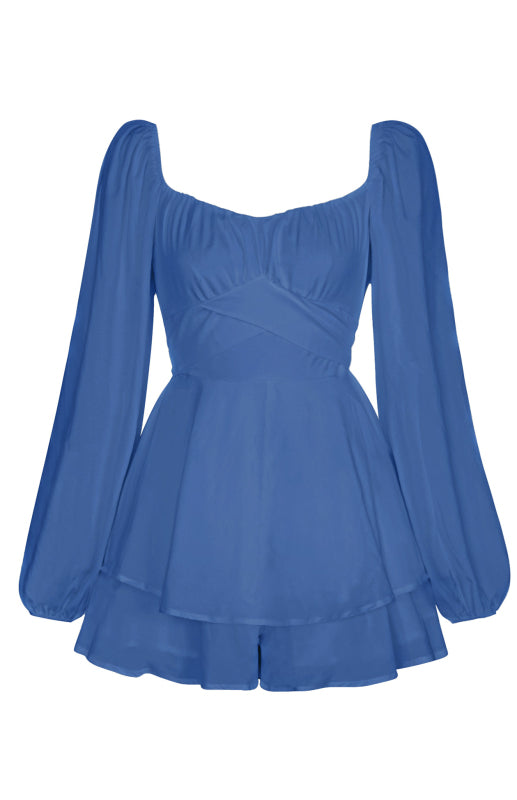 Square Neck Lantern Sleeve One-Piece Romper with Ruffle Culottes – Bohemian Style