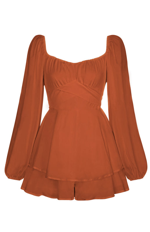 Square Neck Lantern Sleeve One-Piece Romper with Ruffle Culottes – Bohemian Style