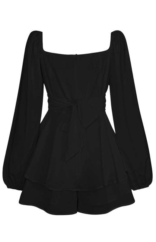 Square Neck Lantern Sleeve One-Piece Romper with Ruffle Culottes – Bohemian Style