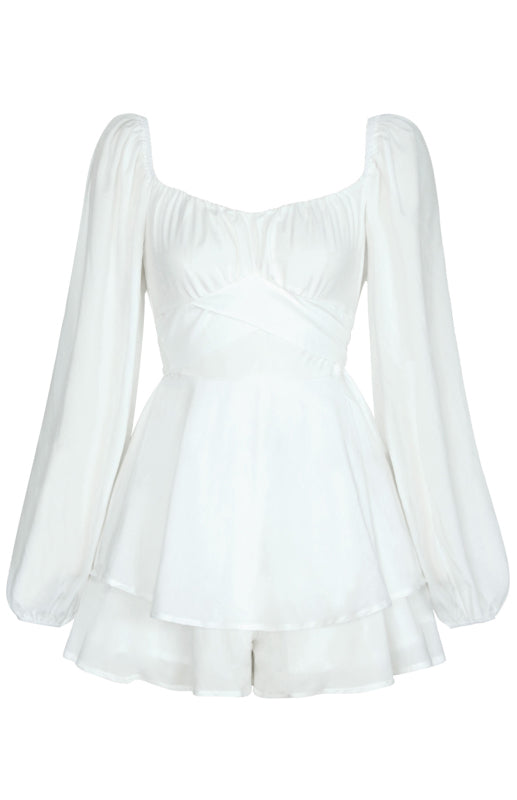 Square Neck Lantern Sleeve One-Piece Romper with Ruffle Culottes – Bohemian Style